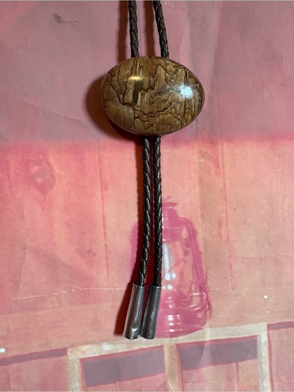 Vintage Large Polished Natural Wood or Stone Bolo Tie | Brown Leather